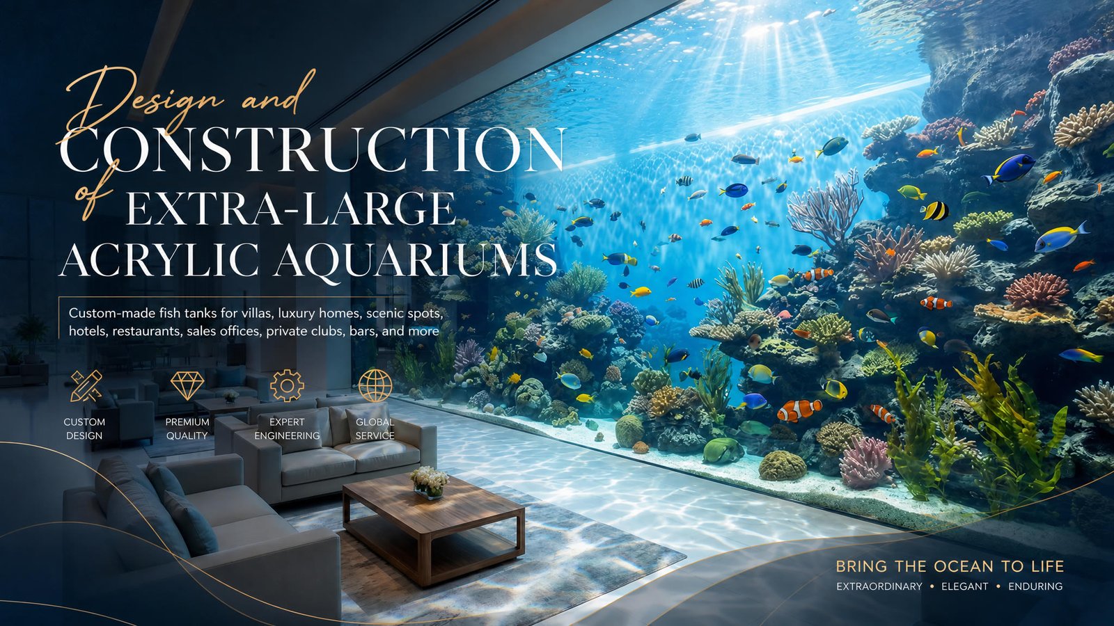 Custom-made fish tanks for villas, luxury homes, scenic spots, hotels, restaurants, sales offices, private clubs, bars
