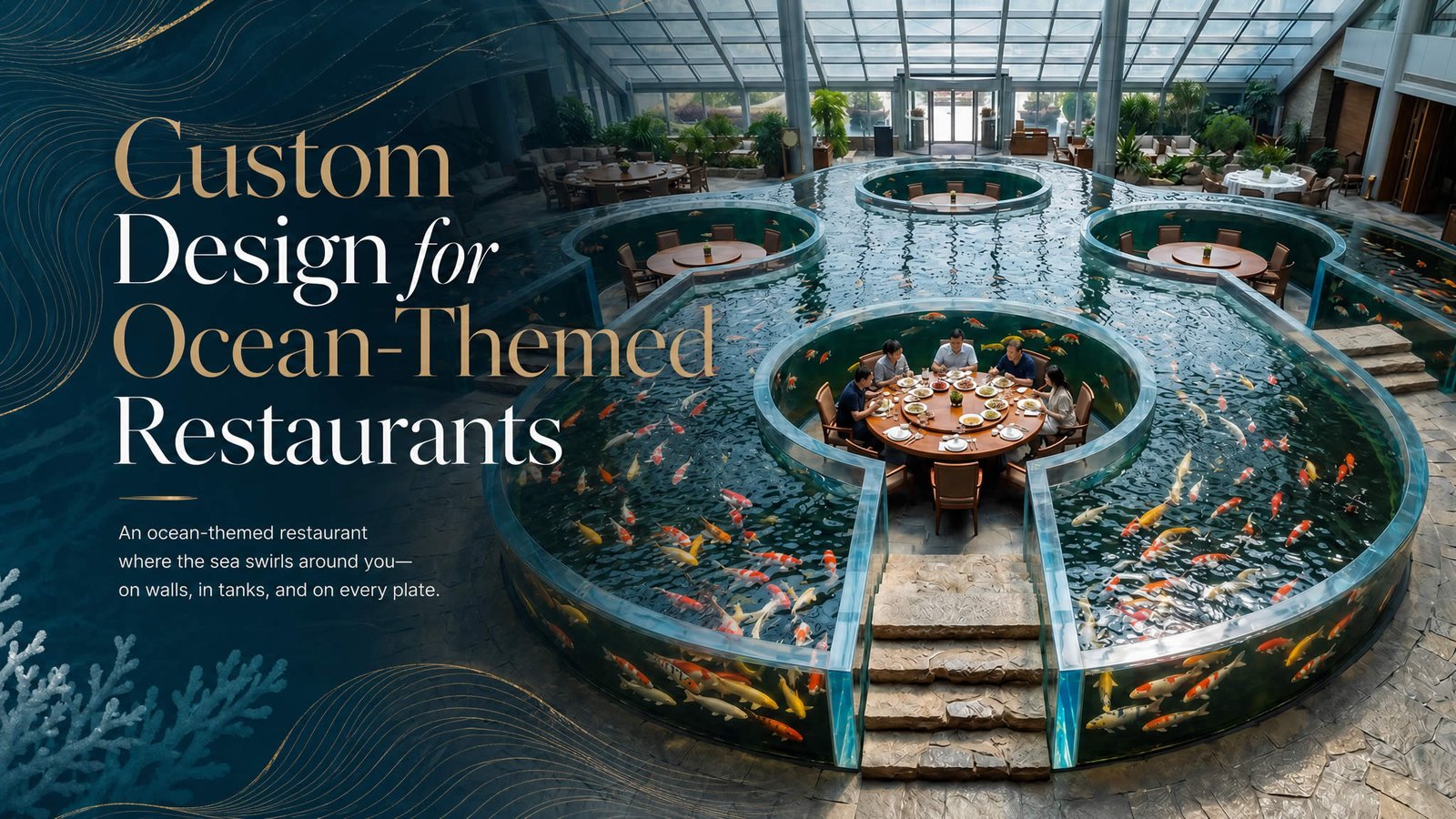 An ocean-themed restaurant where the sea swirls around you—on walls, in tanks, and on every plate.