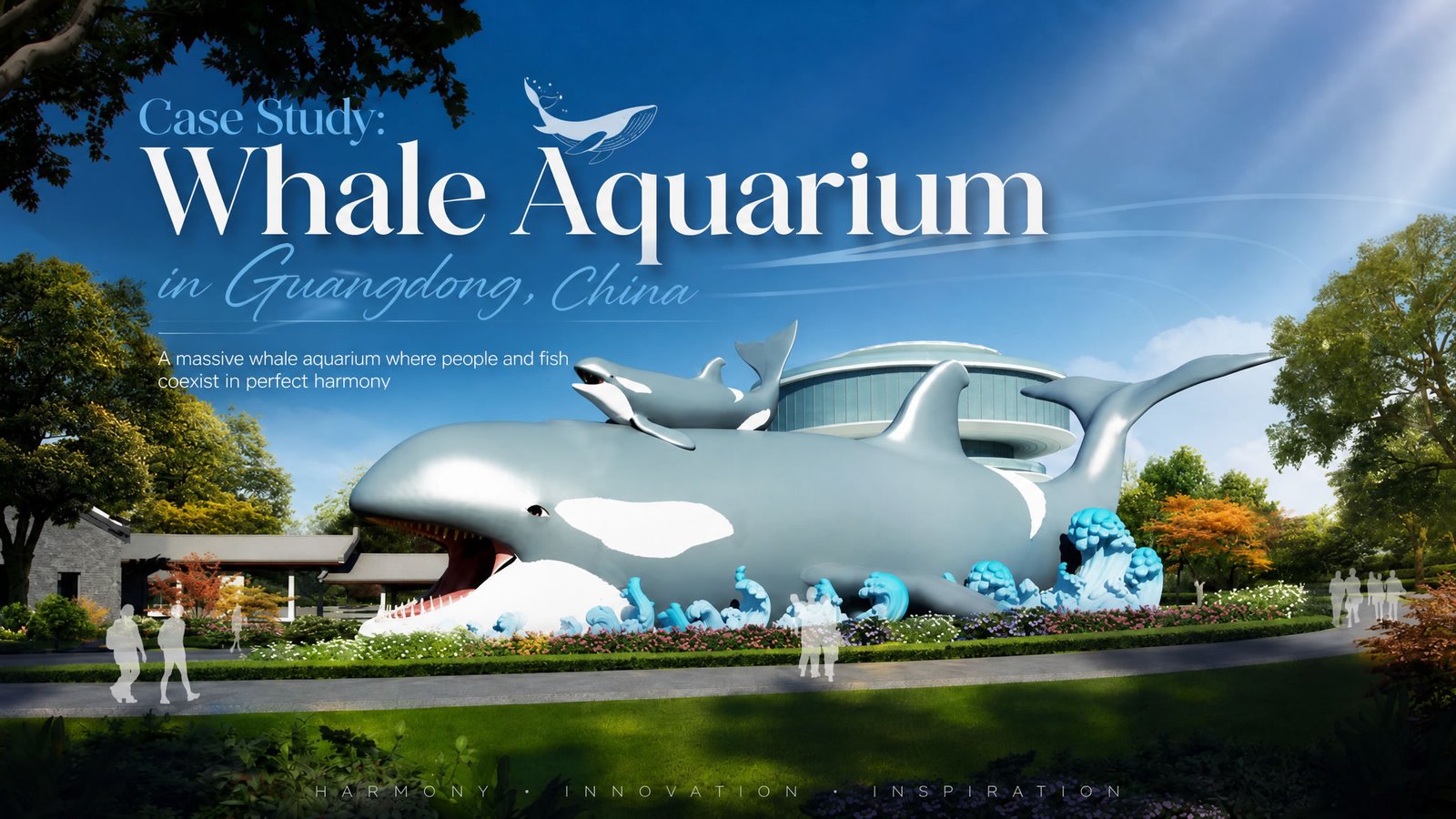 A massive whale aquarium where people and fish coexist in perfect harmony